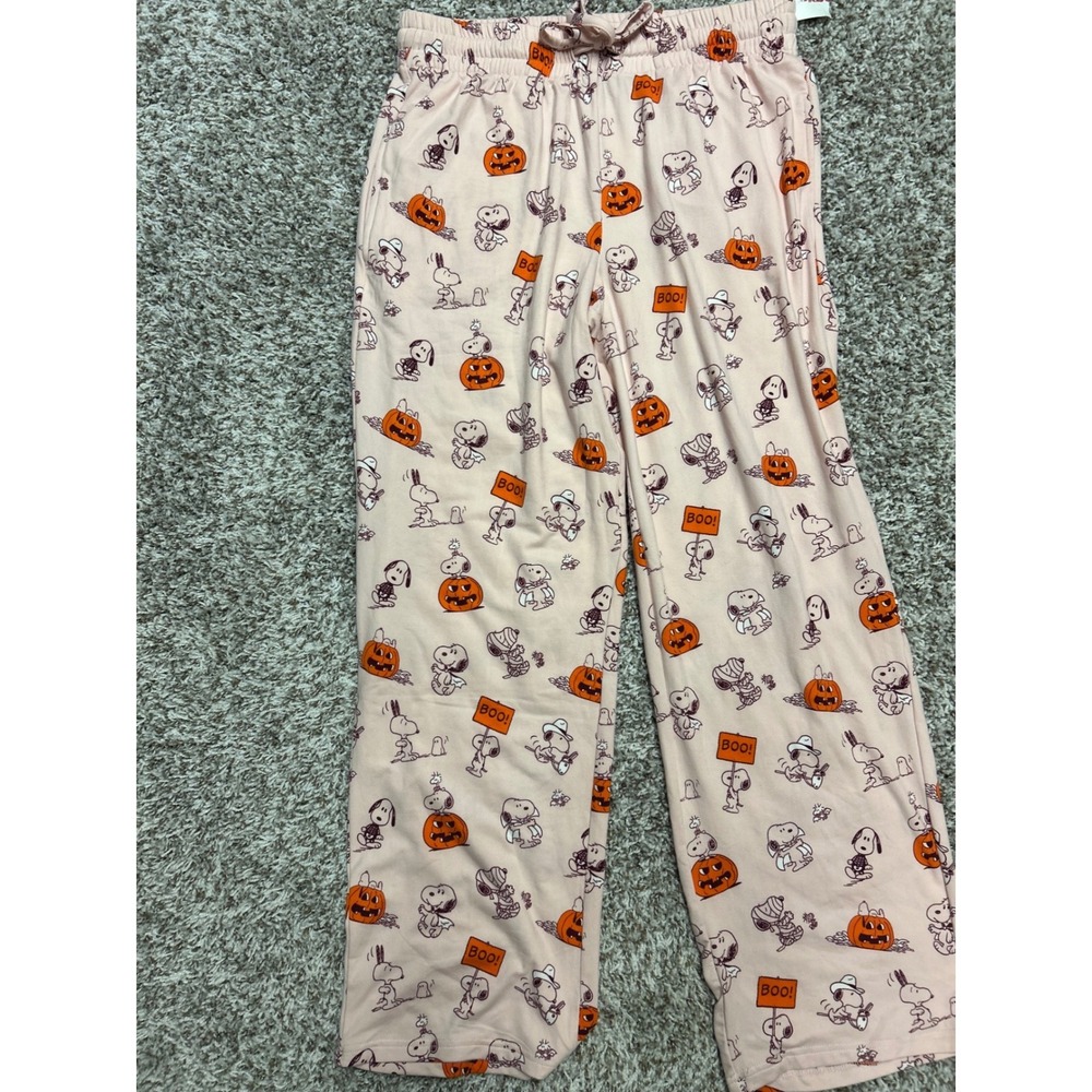 Peanuts Snoopy Halloween Pajama Pants Pink Pumpkin Woodstock M